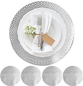 Metallic Placemats Set of 4 - Easy to Clean, Washable Decorative Place Mats for Kitchen and Dining Table - Non-Slip Round Table Mats - Dinnerware & Accessories - Dining Table Centerpiece Decor, Silver
