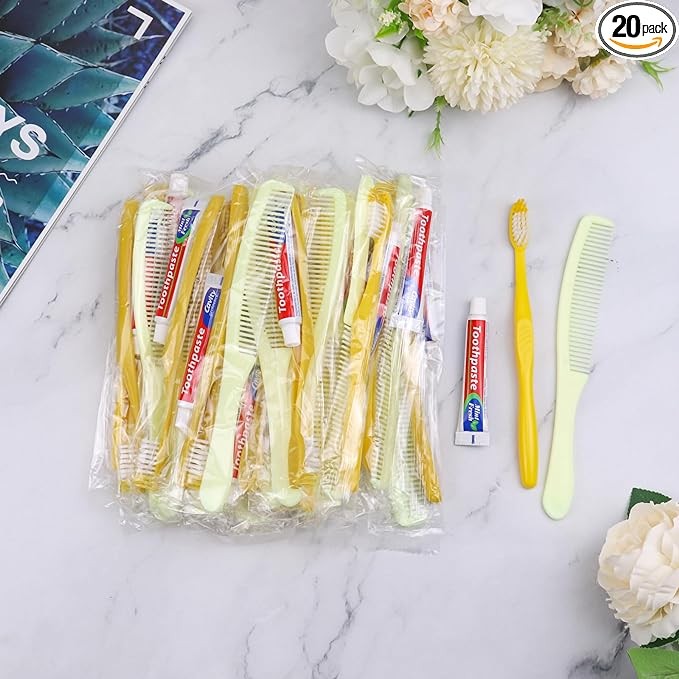 Xuezoioy 20 Pack Disposable Toothbrushes with Toothpaste and Comb Set,10g Toothpaste,7inch Hair Comb,Individually Wrapped Disposable Travel Toothbrushes Kit in Bulk for Homeless,Airbnb,Hotel,Charity
