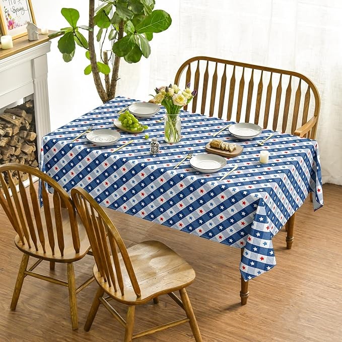 Horaldaily 4th of July Tablecloth 60x104 Inch Rectangular, Patriotic Blue Buffalo Plaid Stars Independence Day Memorial Day Table Cover for Party Picnic Dinner Decor