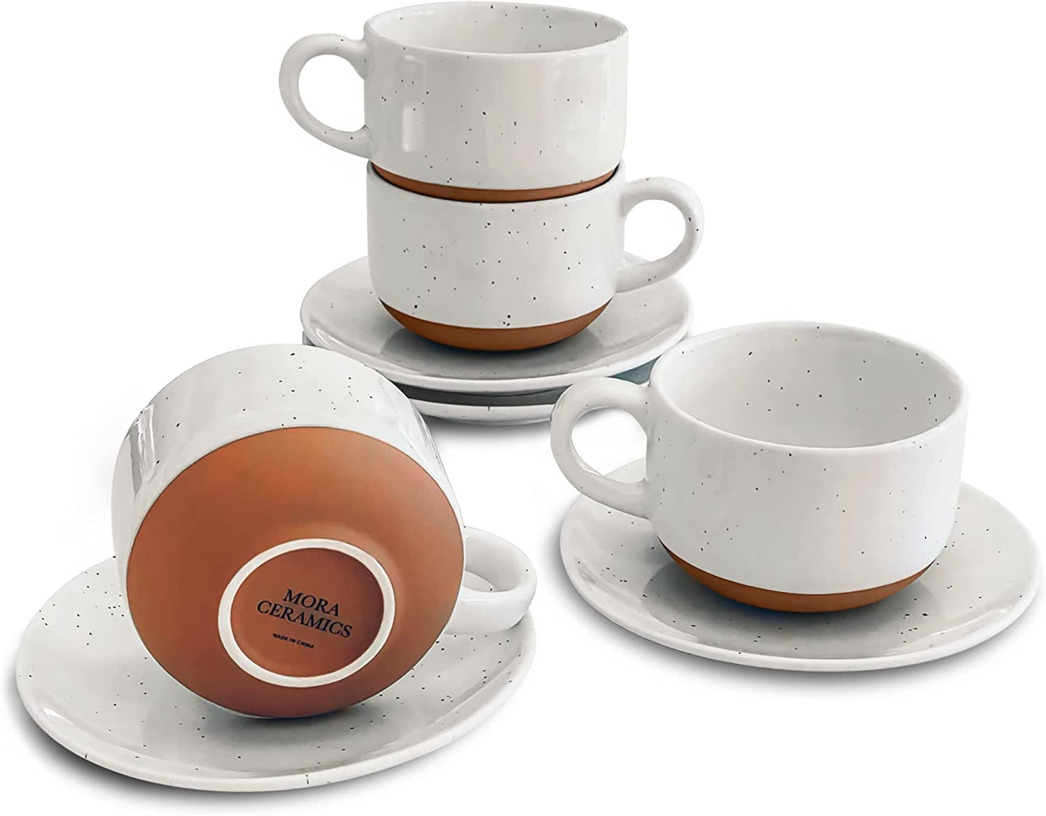 8Oz Cappuccino Mug Set of 4 - Ceramic Coffee Cups with Saucers - Microwave and D