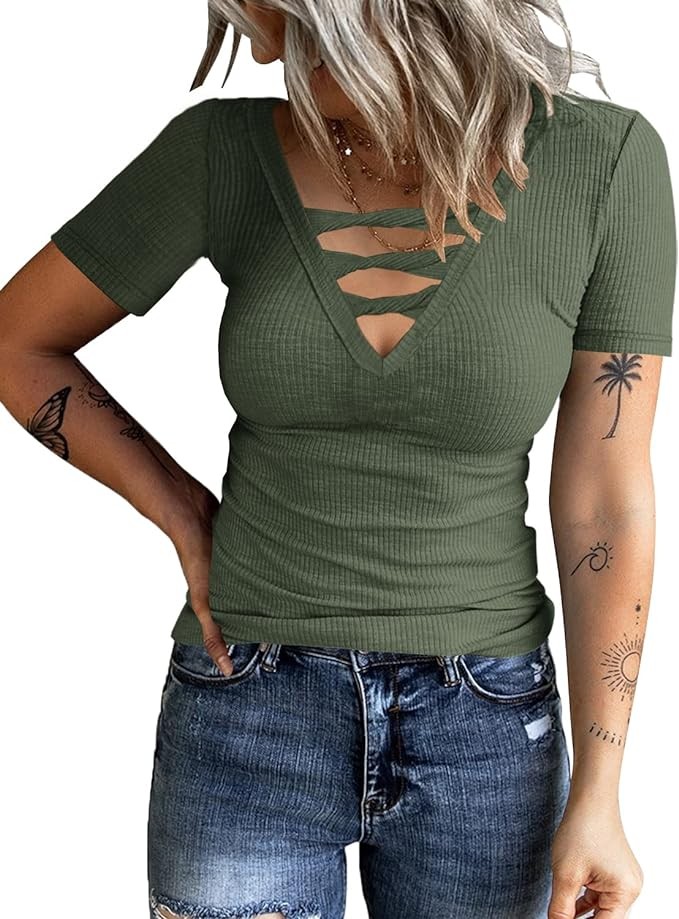 HERILIOS Women Casual Short Sleeve Tunic Tops V-Neck T Shirts Criss Cross Ribbed Slim Fitted Blouse