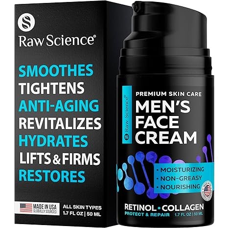 Men's Face Cream: Retinol Anti Aging Face Moisturizer for Men with Collagen, Hyaluronic Acid - Day & Night Anti Wrinkle Mens Skin Care - Vitamins E & A, Avocado Oil Facial Moisturizer for Man - 1.7 Oz