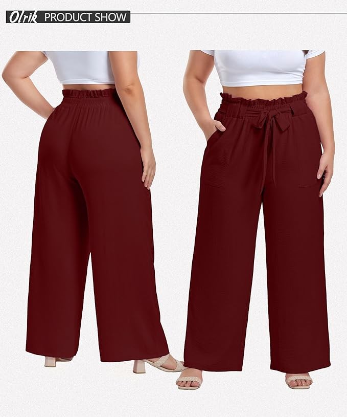 OLRIK Women's Casual Plus Size Pants High Waisted Self-tie Belted Lounge Pants Straight Long Trousers with Pockets