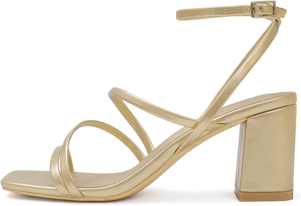 LACUONE Strappy Heels for women Block Heels Square Toe Chunky Ankle Buckle Pump Heeled Sandals (9,A-Gold)