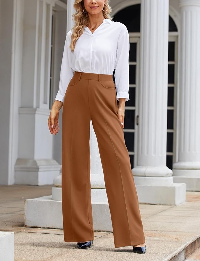 Narcissus Women's Pull-on Pleated Wide Leg Dress Pants with Belt Loops/Winkle Resistant High Waisted Slacks for Office Wear