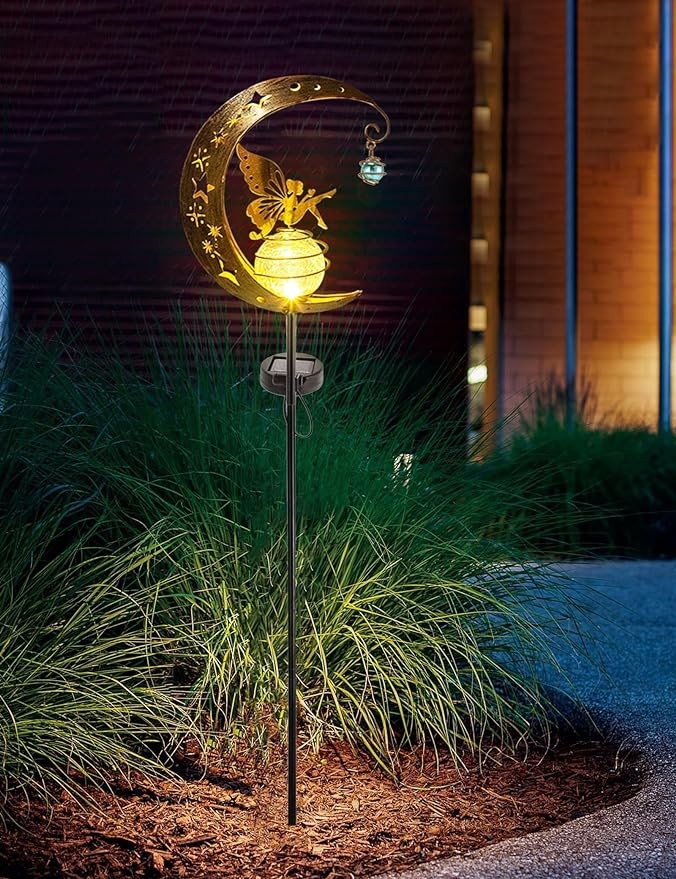 FKKsparkler Solar Powered Garden Decor Lights Moon Fairy Crackle Glass Globe with Gold Angel Decor Waterproof Stake Lights for Pathway, Yard, Lawn, Patio Outdoor Decor Garden Gifts Decoration