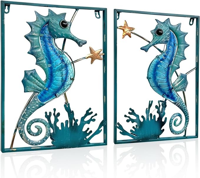LIFFY Metal Wall Art Seahorse with Frame 13 LED lights,Beach Decor Fish Glass Sculpture Coastal Wall Hanging Ocean Theme Nautical Outdoor Decor for Patio,Garden,Yard,Pool,home gift(2pcs, Blue)